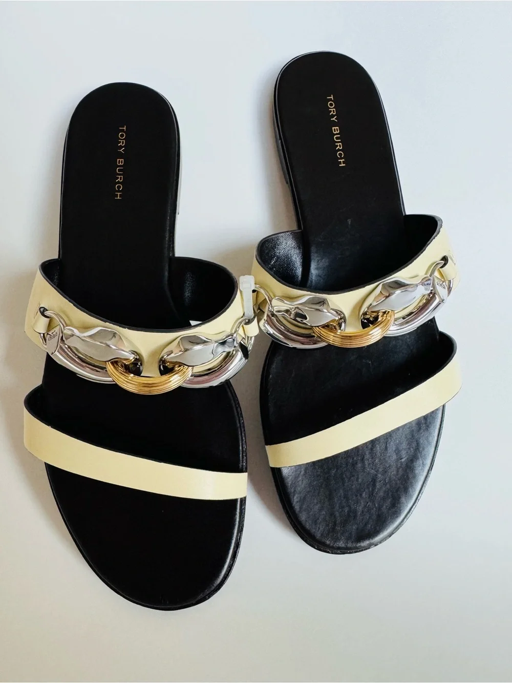 Tory Burch Cream and Metallic Chain Slide Sandals Never used, only stored!